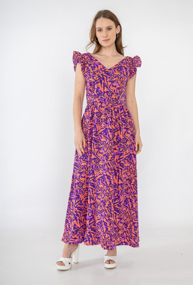 Grossiste Lilie Rose - robe longue avec un motif abstrait audacieux en violet et orange.
