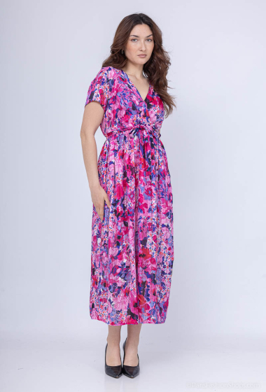 Grossiste Lilie Rose - Robe longue à manches courtes avec un imprimé floral vibrant