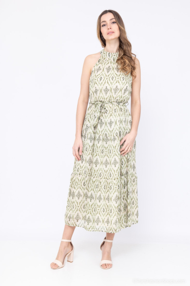 Wholesaler Lilie Rose - Long dress with high collar and green ikat print