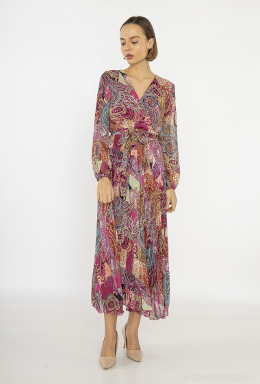Grossiste Lilie Rose - robes plissé avec un motif paisley aux teintes de rose, violet et or