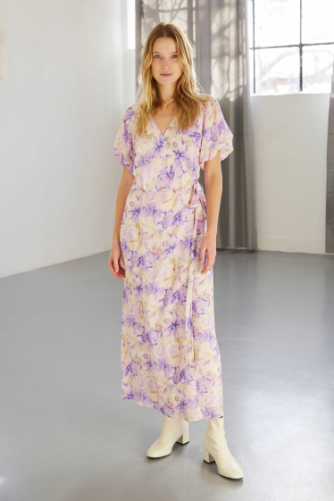 Wholesaler Lily White - Floral Print Chiffon Short Sleeve Wrap Maxi Dress