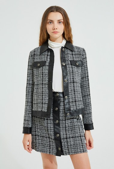 Wholesaler Lily White - Tweed Jacket with Leather Detail