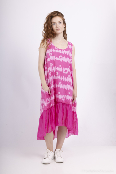 Großhändler SHYLOH - Langes Kleid aus zwei Materialien aus Leinen und Seide mit Aufdruck und Taschen