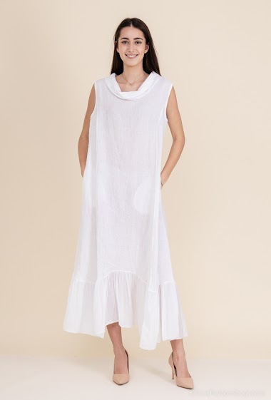 Großhändler SHYLOH - Langes Kleid aus Bimaterial mit großem Kragen und Taschen, ärmellos