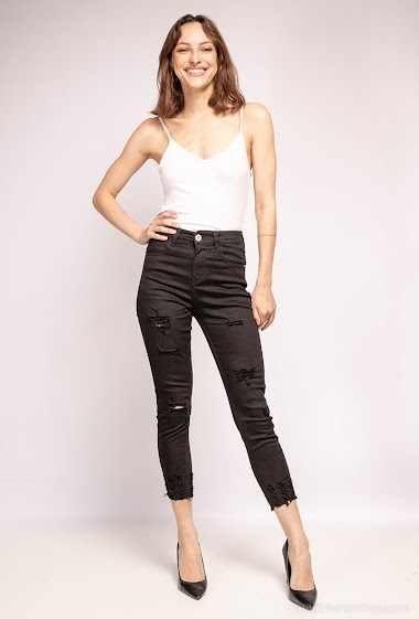 Wholesaler LISA PARIS - Pants Ripped High Waist Stretch black 7/8