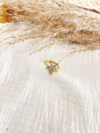 Mayorista Lolilota - anillo de estrella de mar de diamantes de imitación dorados en acero inoxidable