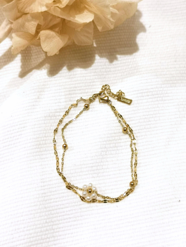 Grossiste Lolilota - bracelet double rang fleur en faux perle en acier