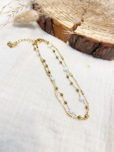 Großhändler Lolilota - Zweireihige Knöchelkette mit Perlen und Steinstahl