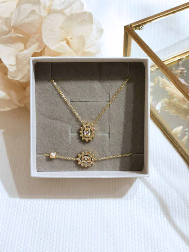 Grossiste Lolilota - Coffret collier et bracelet fleur strass en acier