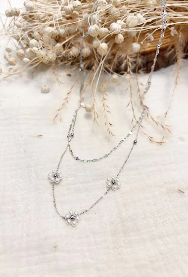 Mayorista Lolilota - Necklace double row triple flower pearly pearl