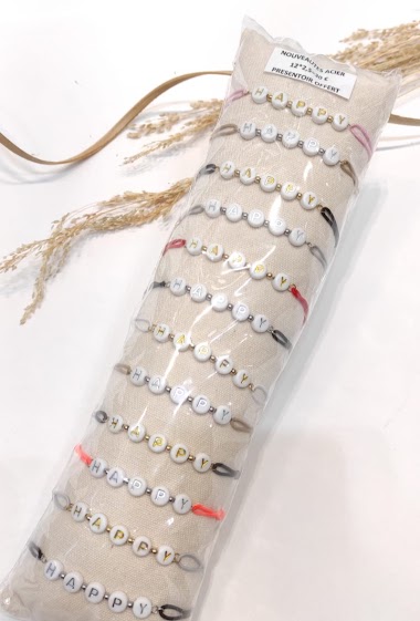 Grossiste Lolo & Yaya - Bracelet élastique HAPPY sur boudin en Acier inoxydable