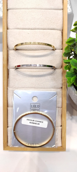 Wholesaler Lolo & Yaya - Bangle Bracelet in Stainless Steel with message « AMOUR CHANCE BONHEUR »