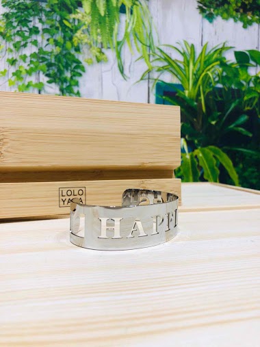 Großhändler Lolo & Yaya - Bangle Bracelet avec message "HAPPINESS" in Stainless Steel