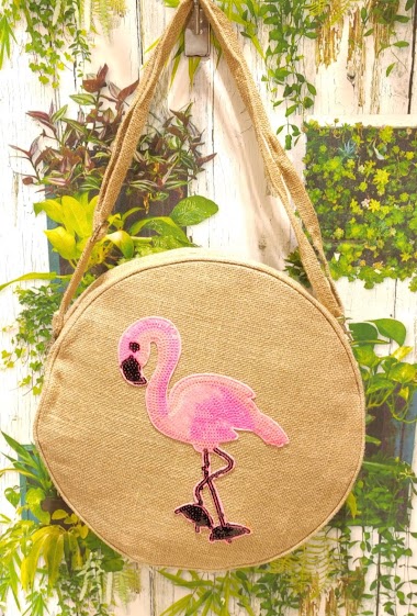 Wholesaler Loya Bijoux - Large round pink flamingo shoulder bag in jute