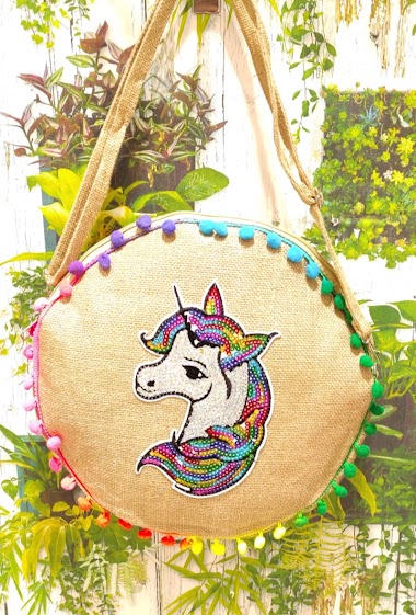 Wholesaler Loya Bijoux - Large round unicorn shoulder bag with jute pompom