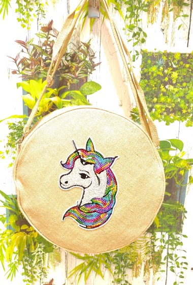 Wholesaler Loya Bijoux - Large round unicorn shoulder bag in jute