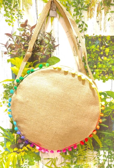 Grossiste Loya Bijoux - Grand sac bandoulière rond vierge avec pompon en jute