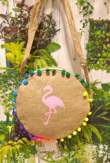 Grossiste Loya Bijoux - Moyen sac bandoulière rond Flamant rose avec pompon en jute