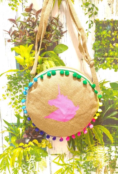 Grossiste Loya Bijoux - Moyen sac bandoulière rond Licorne avec pompon en jute