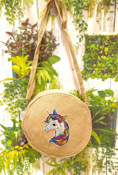 Wholesaler Loya Bijoux - Medium round unicorn shoulder bag in jute