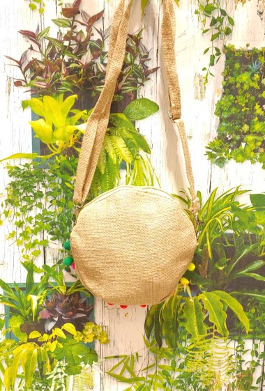 Grossiste Loya Bijoux - Petit sac bandoulière rond vierge avec pompon en jute