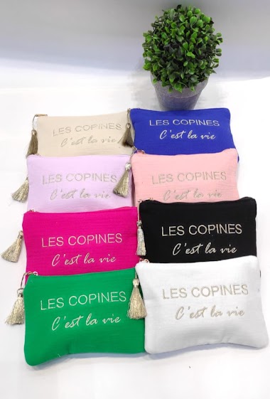 Grossiste Lolo & Yaya - Pochette à message « LES COPINES C’est la vie » en coton, 12cm X 18cm