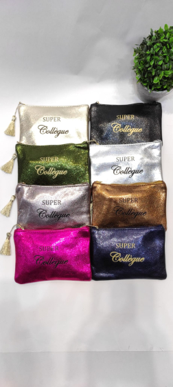 Wholesaler Lolo&Yaya - Glitter effect pouch with “SUPER Collègue” message in faux leather