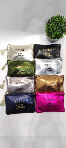 Wholesaler Lolo&Yaya - Glitter effect pouch with “SUPER Tata” message in faux leather