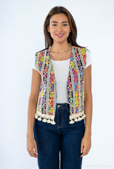 Wholesaler Loriane - Plain vest, embroidered floral patterns, sleeveless