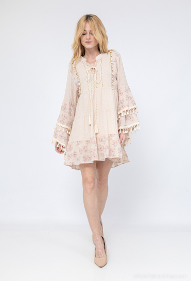 Wholesaler Loriane - Short dress, Embroidered, Bohemian, Long sleeves