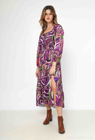 Wholesaler Loriane - Printed dress with elastic collar and a bow