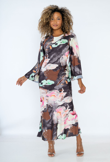 Wholesaler Loriane - Long printed dress, laces at the back, long sleeves, round neck