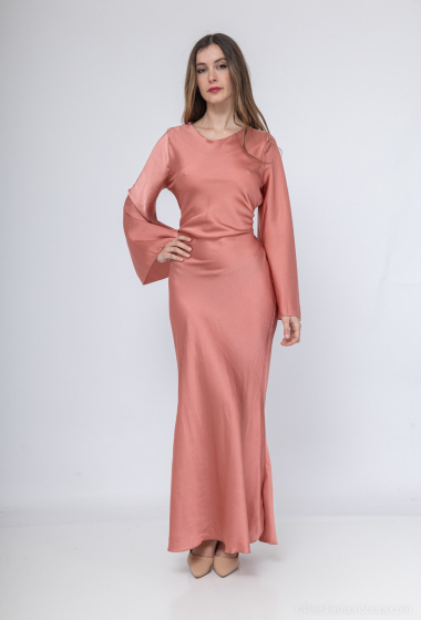 Wholesaler Loriane - Long printed dress, laces at the back, long sleeves, round neck