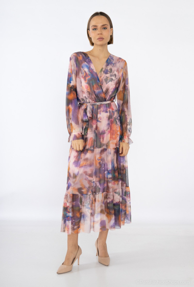 Wholesaler Loriane - Long Dress, Printed, Long Sleeves, V Neck, with Belt