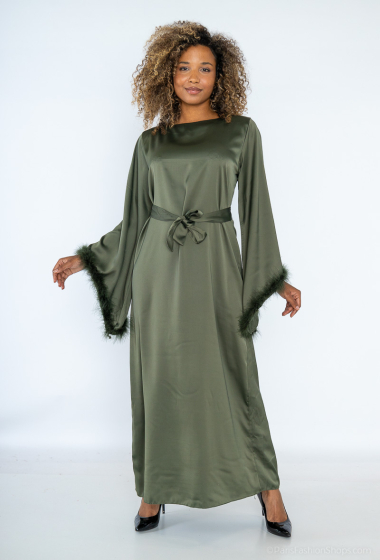 Wholesaler Loriane - Long Dress, Satin, Plain, Long Sleeves, Feathers