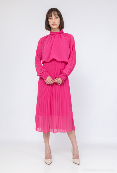 Wholesaler Loriane - Long Dress, Plain, Pleated, Long Sleeves, High Collar