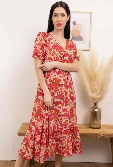 Wholesaler Loriane - Midi dress with flower print and puff sleeves