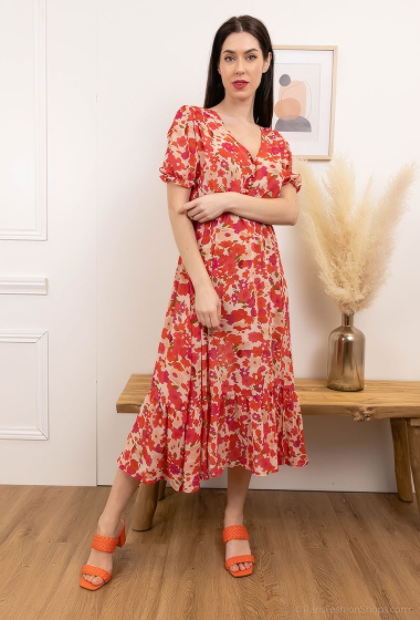 Großhändler Loriane - Midi dress with flower print and puff sleeves