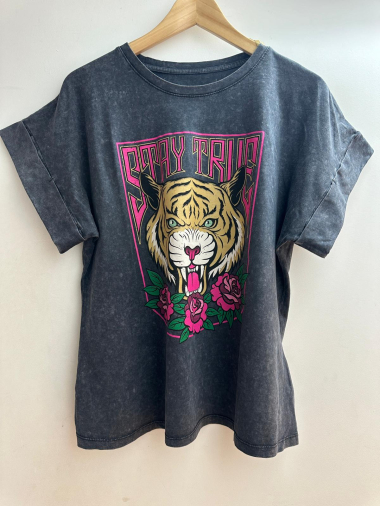 Grossiste Loriane - T-shirt délavé à imprimé tigre
