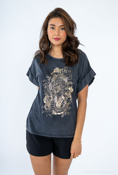 Großhändler Loriane - T-Shirt mit goldenem Drachen-Print