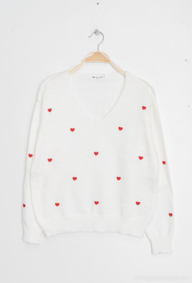 Großhändler Lovie Look - Pullover mit V-Ausschnitt und kleinen gestickten roten Herzen