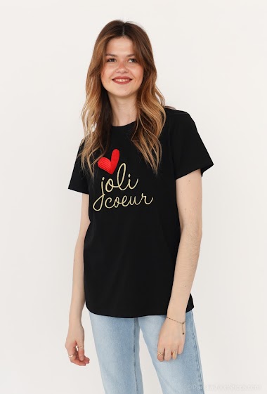 Mayorista Lovie Look - Camiseta bordada con mensaje 'JOLI COEUR'