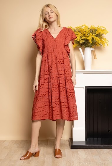 Großhändler LOVIE & Co - Langes Kleid aus bestickter Baumwolle