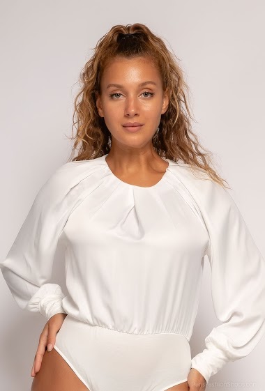 Full Length Puffed Sleeves Bodysuit - White - Pomelo Fashion