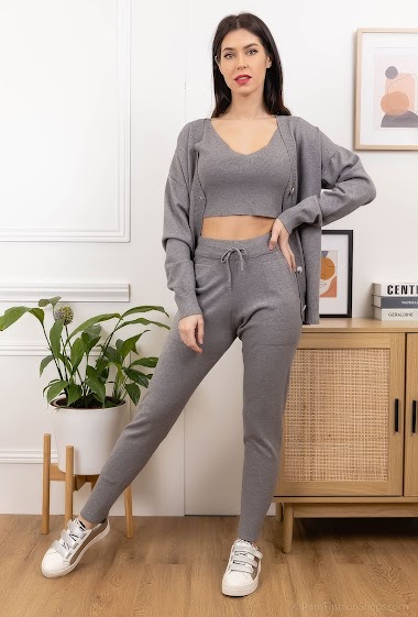 Wholesaler LUCCE - Three-piece set in knit with cardigan, short top tank and trouser