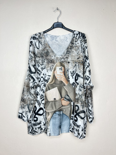 Wholesaler Lucky Nana - Patterned V-neck sweater, long sleeve.