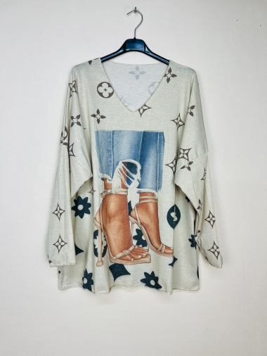 Wholesaler Lucky Nana - Fine LUREX patterned V-neck sweater, long sleeve
