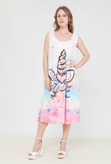 Wholesalers Lucky Nana - Sleeveless long dress in round neck with unicorn pattern