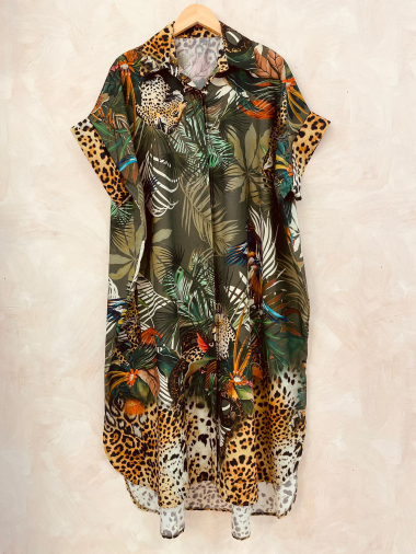 Großhändler LUMINE - Hemdblusenkleid aus Baumwolle mit Leoparden-Zoo-Print
