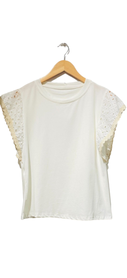 Großhändler LUMINE - Baumwoll-T-Shirt mit beigefarbenen Stickerei-Ärmeln
